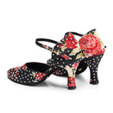 Satin Closed Toe Latin Ballroom Dance Shoes Rhinestone Modern Salsa Shoes Custom Heels