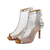 <transcy>Mujeres Salón de baile social Botas de baile de salsa latina Zapatos de baile de fiesta de malla de aire blanco con textura de serpiente</transcy>