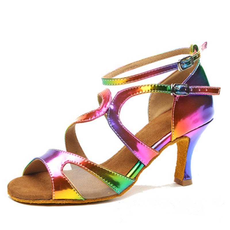 Rainbow Latin Ballroom Dance Shoes PU Mesh Custom Heel Suede Soft Sole Salsa Shoes