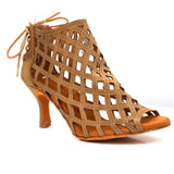 Flock Black Brown Dance Boots Hollow Out Suede Solft Sole Ballroom High Heel Latin Dance Shoes
