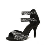 Satin Women Latin Dance Boots Shoes Ankle Strap Rhinestone Ballroom Tango Shoes