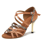 Quality Latin Dance Shoes Satin Glitter Suede Soft Sole Ballrooom Tango Salsa Dancing Shoes 8.5cm Heel