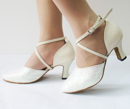 White Latin Dance Shoes For Women | PU Glitter Ballroom Dance Shoes | Suede Sole | Danceshoesmart
