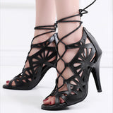Women Black Brown Ballroom Dancing Shoes Girls Soft Bottom Salsa Latin Dance Shoes Lace-up Stilettos