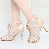Satin Mesh Dance Boots Pink White Rhinestone Ballroom Salsa Tango Salsa Dancing Shoes For Women Girls