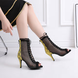 PU Mesh Women Dance Boots Patchwork Latin Ballroom Tango Salsa Dancing Shoes Customized High Heels Yellow Red