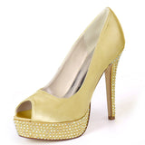 High Quality Women's Satin Stiletto Heel Peep Toe Platform Pumps Sandals Rhinestone Shoes For Wedding Party Bride