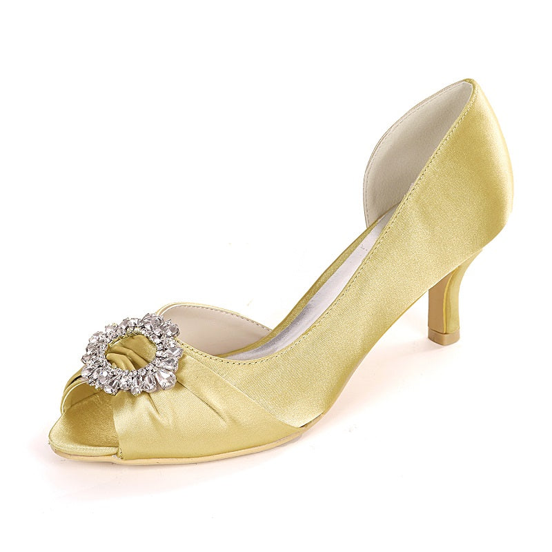 Peep Toe Pumps For Women Bride Satin Rhinestone Buckle Sandals 6cm Heel