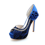 Women's Rhinestone Stiletto Heel Peep Toe Pumps Platform Sandals With Stitching Lace Flower Elegant Wedding Shoes