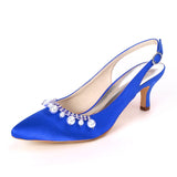 Women Girl Satin Stiletto Heel Closed Toe Pumps With Imitation Pearl Rhinestone