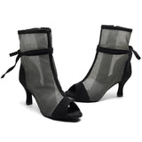 Soft Sole Dance Shoes Black Yellow Women High Heeled Tango Ballroom Dance Boots Girls Mesh Salsa Dancing Shoes