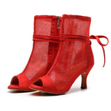 Soft Sole Dance Shoes Yellow Red Women High Heeled Tango Ballroom Dance Boots Girls Mesh Salsa Dancing Shoes