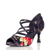 <transcy>Zapatos de baile latino de satén negro para mujer Zapatos de baile de interior con flores</transcy>