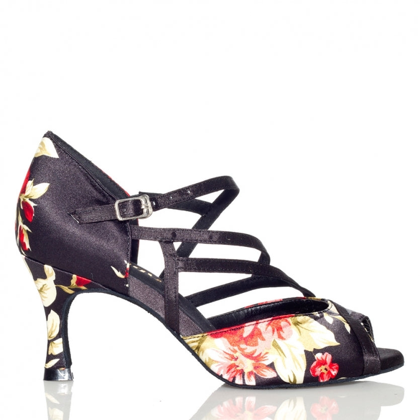 <transcy>Zapatos de baile latino de satén negro para mujer Zapatos de baile de interior con flores</transcy>