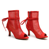 Soft Sole Dance Shoes Yellow Red Women High Heeled Tango Ballroom Dance Boots Girls Mesh Salsa Dancing Shoes