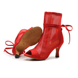Soft Sole Dance Shoes Yellow Red Women High Heeled Tango Ballroom Dance Boots Girls Mesh Salsa Dancing Shoes