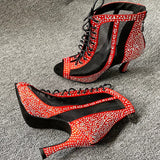 Black Red Satin Rhinestones Dance Boots High Heels Indoor Comfortable Salsa Ballroom Latin Dancing Shoes For Ladies