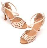 Woman Rhinestone Dance Shoes For Women Apricot Black Satin Salsa Latin Dance Shoes