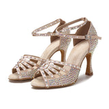 Pearl Rhinestone Latin Dance Shoes Tango Salsa Rumba Samba Ladies Soft Sole High Heels Women Sandals