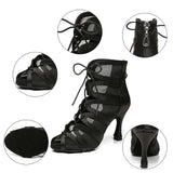 Black Mesh Latin Dance Shoes Women Ladies Ballroom Dance Boots Soft Suede Fashion Dance Shoes High Heels 6-10CM