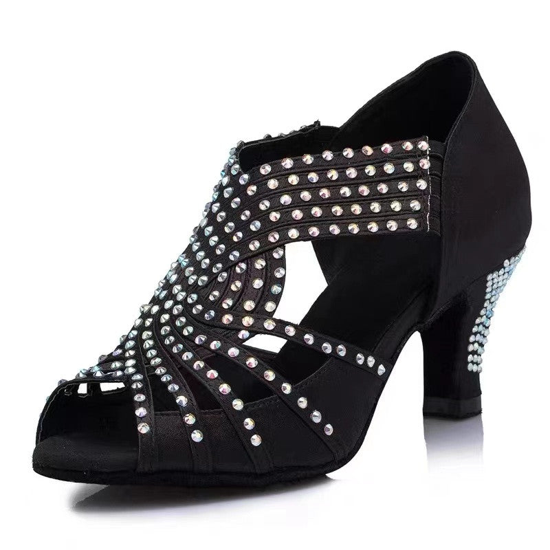 Professional Latin Dance Shoes Black Satin Rhinestone Ballroom Tango Dancing Shoes For Women