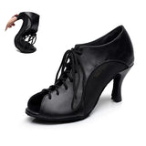Women Lace Up Shoes Latin Ballroom Salsa Dancing Shoes Black Customized Heel Soft Bottom Waltz Dance Sandals