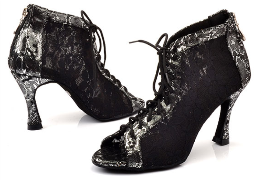 White Black Lace Women's Latin Dancing Shoes Adjusted Width Balltoom Tango Boots