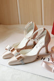 Bowtie Satin Wedding Shoes For Women Bride Pointed Toe Rhinestone Pumps White Champagne
