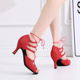 Lace Up Latin Dance Shoes Red Glitter Ballroom Salsa Dancing Shoes For Wedding Party Women Soft Sole