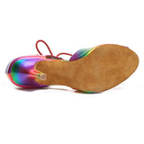 <transcy>Zapatos de baile latino para salón de baile para mujer, sandalias de baile de salsa con cordones para mujer, tacón deportivo de PU con arcoíris</transcy>