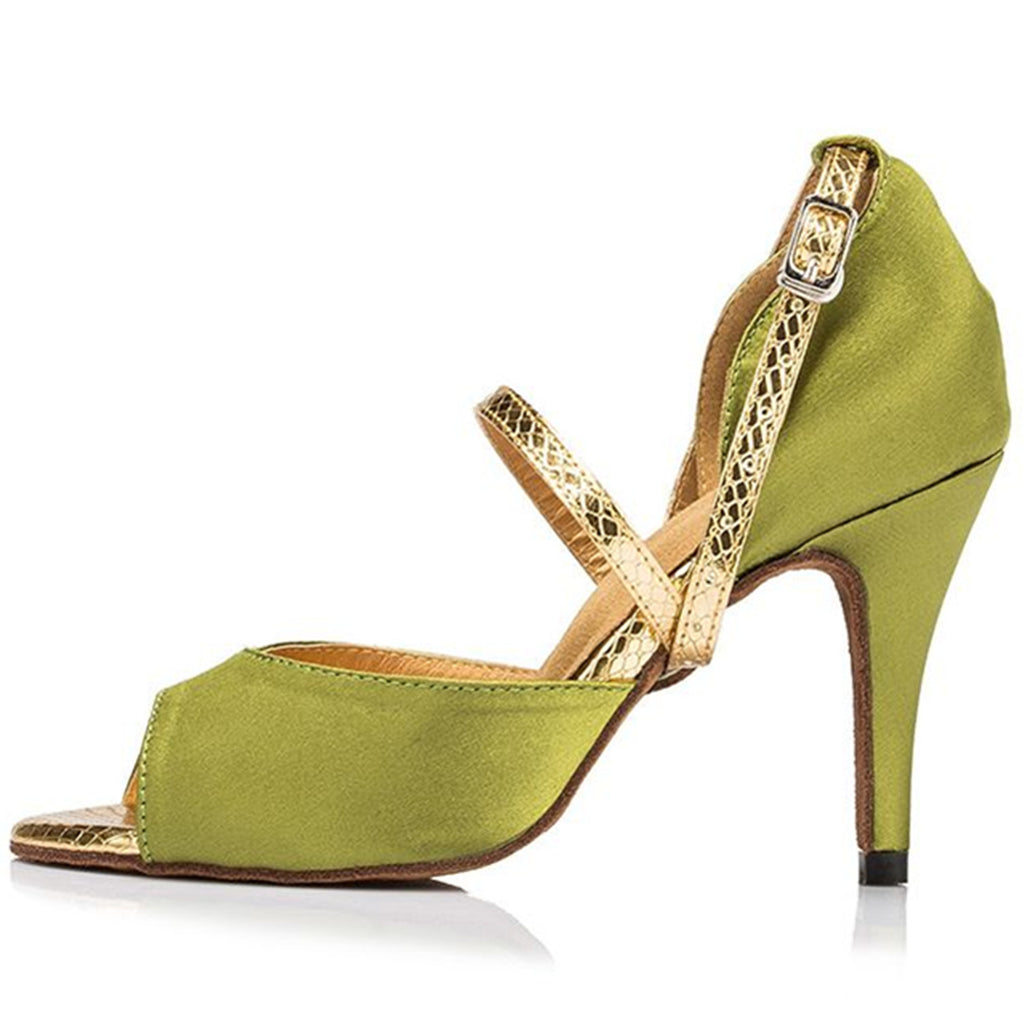 <transcy>Зеленая женская танцевальная обувь | Атласная обувь для латинских бальных танцев | Замшевая подошва | Danceshoesmart</transcy>