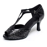 Women Glitter Ballroom Latin Dance Shoes Black Silver T-strap Salsa Dancing Shoes For Party Girls
