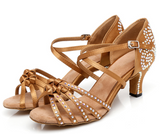 Girls Brown Latin Salsa Dance Shoes Women Satin Rhinestone Ballroom Bachata Dancing Shoes Soft Bottom Square Heel