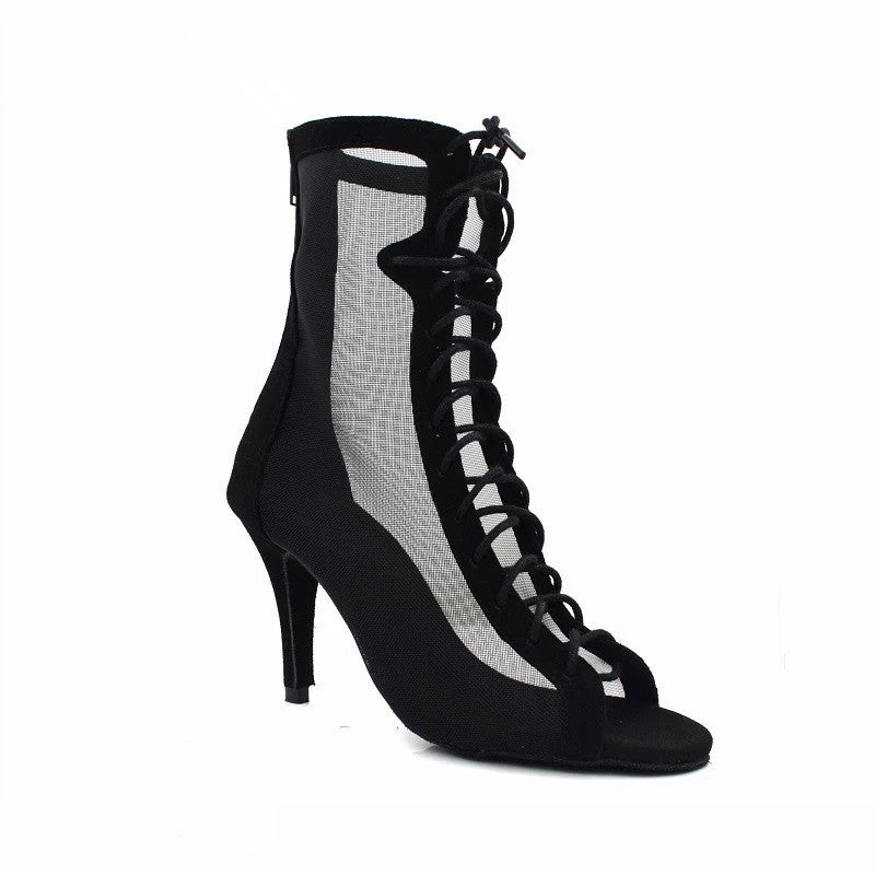 Black Flock Mesh Plus Size Dance Boots High Heel Comfortable Lady Latin Salsa Dance Shoes For Women