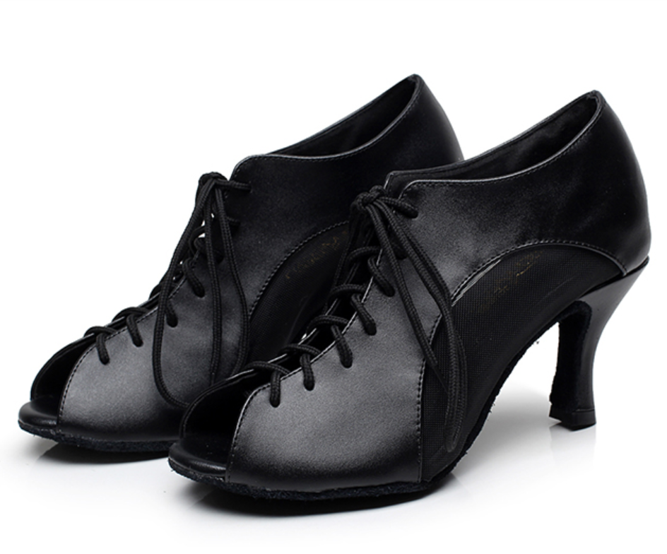 Women Lace Up Shoes Latin Ballroom Salsa Dancing Shoes Black Customized Heel Soft Bottom Waltz Dance Sandals