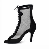 Black Flock Mesh Plus Size Dance Boots High Heel Comfortable Lady Latin Salsa Dance Shoes For Women