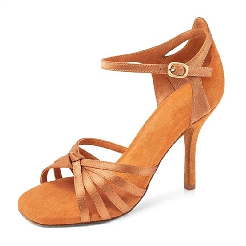 Women Latin Dance Shoes 10cm High Heel Satin Flock Latin Salsa Shoes Girls Party Sandals Shoes