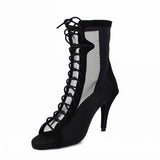 Black Flock Mesh Plus Size Dance Boots High Heel Comfortable Lady Latin Salsa Dance Shoes For Women