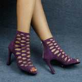Ladies Black Purple Suede Fashion Cross Strap Sexy High Heel Sandals Comfortable Latin Dance Shoes Salsa Shoes Boots