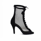 Black Flock Mesh Plus Size Dance Boots High Heel Comfortable Lady Latin Salsa Dance Shoes For Women