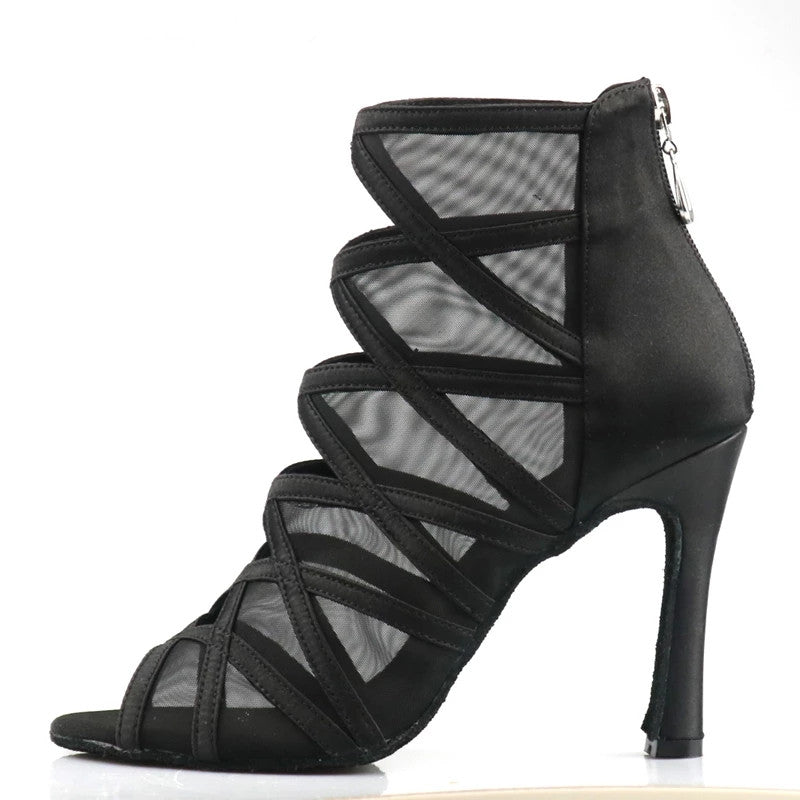 <transcy>Zapatos de baile de moda de gamuza de malla para mujer, correa cruzada, zapatos de salsa de baile latino sexis de tacón alto, botas</transcy>