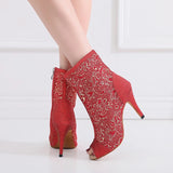 Women Latin Dance Boots Red Gliiter Salsa Soft Sole Ballroom Dancing Shoes for Wedding Party Sandals