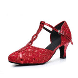 Women Lace Latin Dance Shoes Red Closed Toe Modern Salsa Dancing Shoes Wedding Party Summer Sandals
