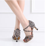 Leopard Rhinestone Latin Dance Shoes For Women Ballroom Salsal Dancing Shoes for Party Summer Sandals High Heels