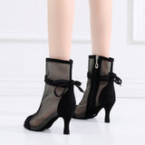 Soft Sole Dance Shoes Red Black Women High Heeled Tango Ballroom Dance Boots Girls Mesh Salsa Dancing Shoes