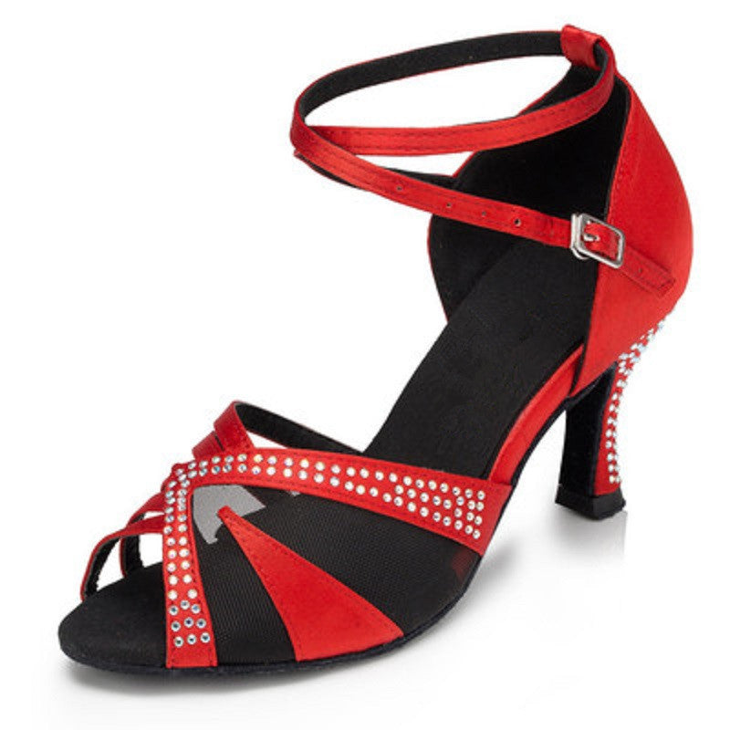 Open Toe Dance Shoes Satin Rhinestone Latin Ballroom Salsa Shoes Custom Heel