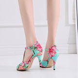 Blue Red Flower Dance Shoes Satin Soft Bottom Latin Ballroom Salsa Dancing Shoes For Women Girls