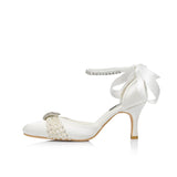 Champagne White Wedding Shoes Pumps Pearl Rhinestone Buckle Pumps For Women Girls Bride Party