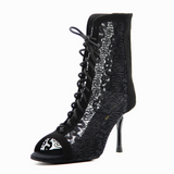 Flock Lace Women Latin Ballroom Dance Boots Zipper Black Salsa Dancing Shoes For Wedding Party