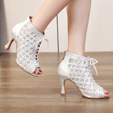 Satin Mesh Dance Boots Pink White Rhinestone Ballroom Salsa Tango Salsa Dancing Shoes For Women Girls